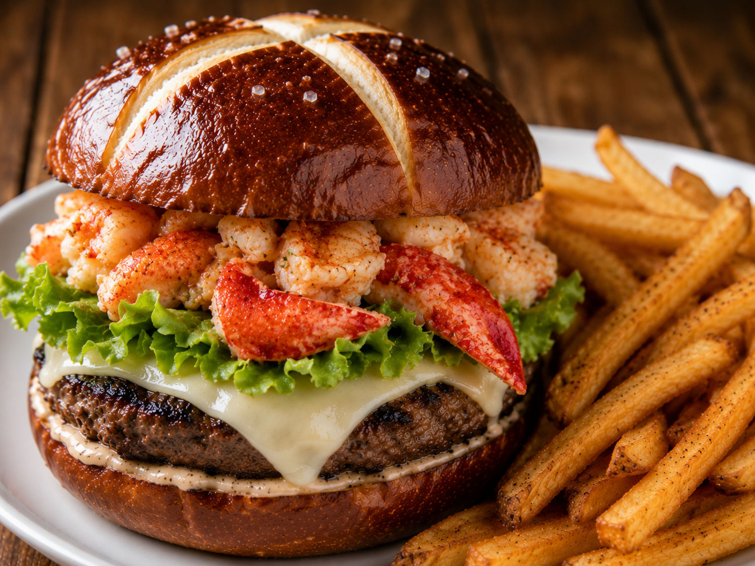Surf and Turf Burger w/ Fries on the side – The Real Maine Lobster menu item